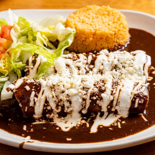 Mexican-style enchiladas covered in cream and cheese, served with dark mole sauce, rice, and lettuce salad on a white plate.