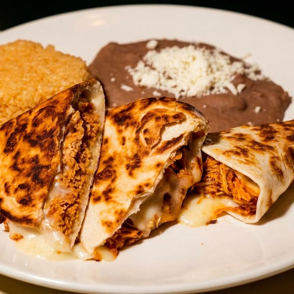Plate of toasted quesadillas filled with shredded meat and melted cheese, served with refried beans, rice, and a tortilla.