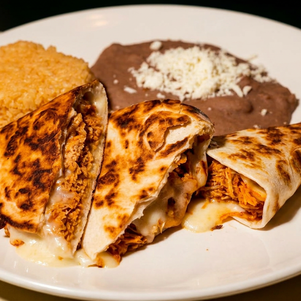 Plate of toasted quesadillas filled with shredded meat and melted cheese, served with refried beans, rice, and a tortilla.