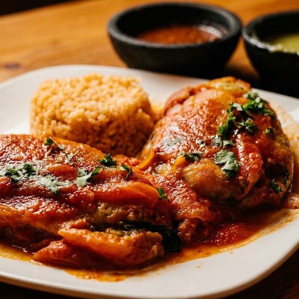 Plate of saucy chicken topped with cilantro, served with rice and two bowls of dipping sauces on a wooden table.